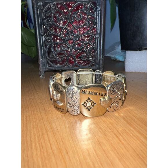 SPIRITUAL LOVE FAMILY JOY HEALTH SERENITY METAL PANEL LINK STRETCH BRACELET 1002 - Picture 3 of 5